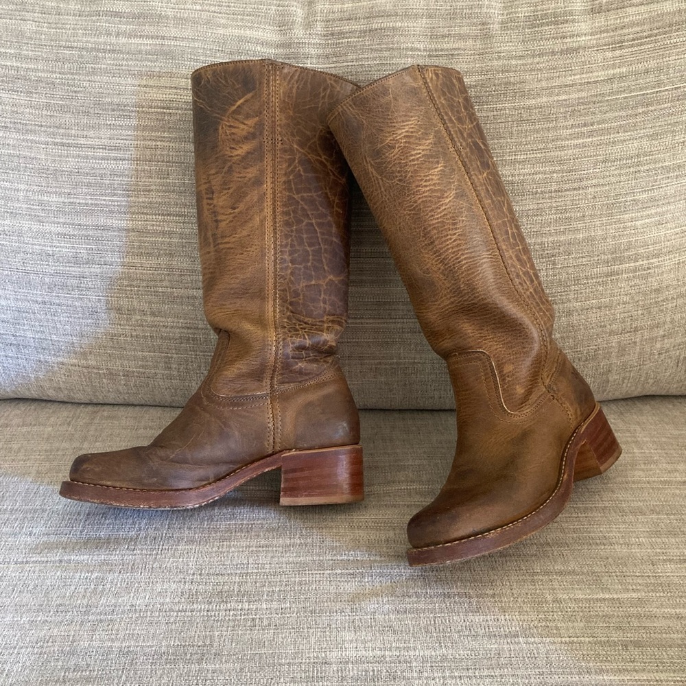 FRYE Brown Leather Chunky Heel Campus Boots